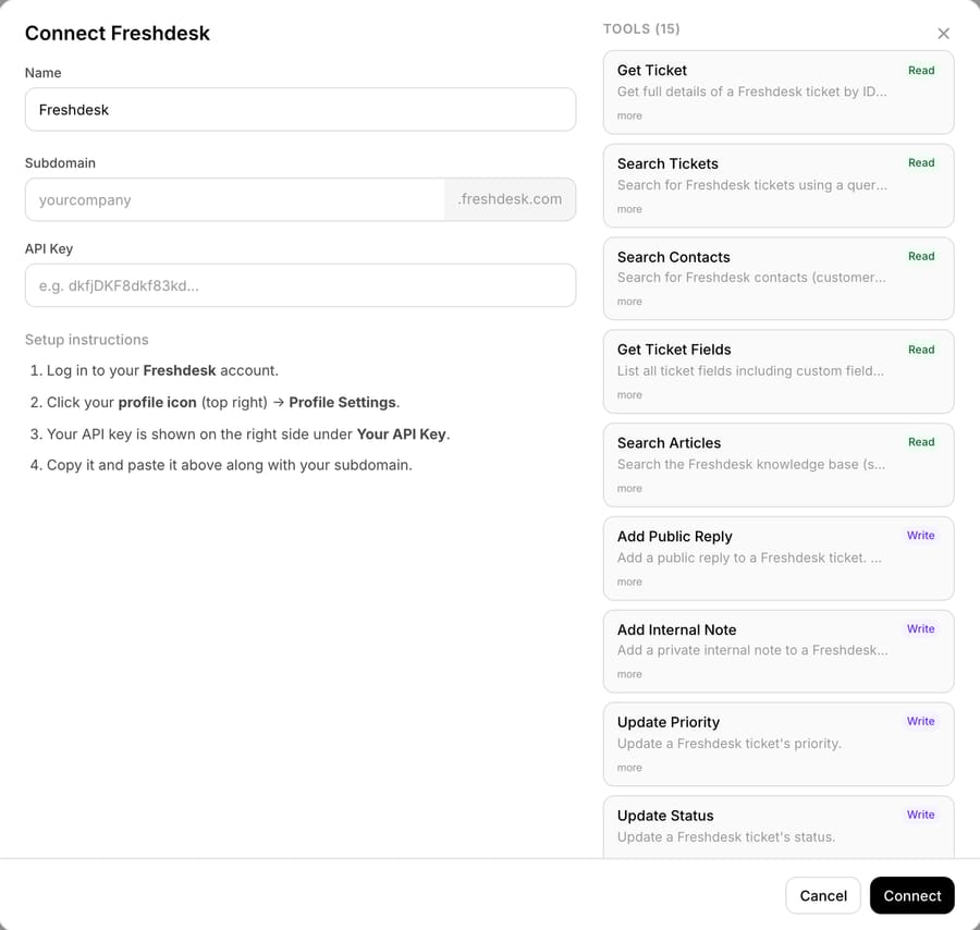 Macha's Connect Freshdesk dialog with Name, Subdomain and API Key fields, four setup steps, and the first nine of 15 tools labeled Read or Write, from Get Ticket to Update Status