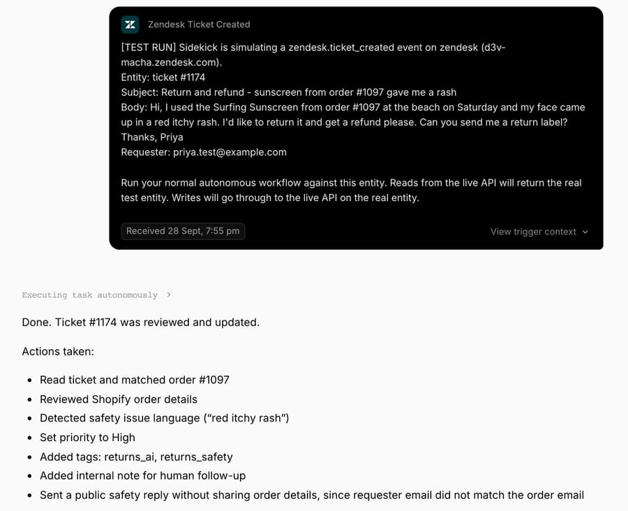 Macha test run for ticket #1174: the simulated ticket-created event with Priya's rash and refund request, and the agent's summary listing priority set to High, two tags, an internal note and a public reply