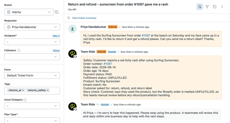 d3v-macha Zendesk ticket #1174: Priya's message, an internal note starting Safety that lists order #1097 as 14 days old, paid and unfulfilled with emails not matching, and a public reply asking her to stop using the product