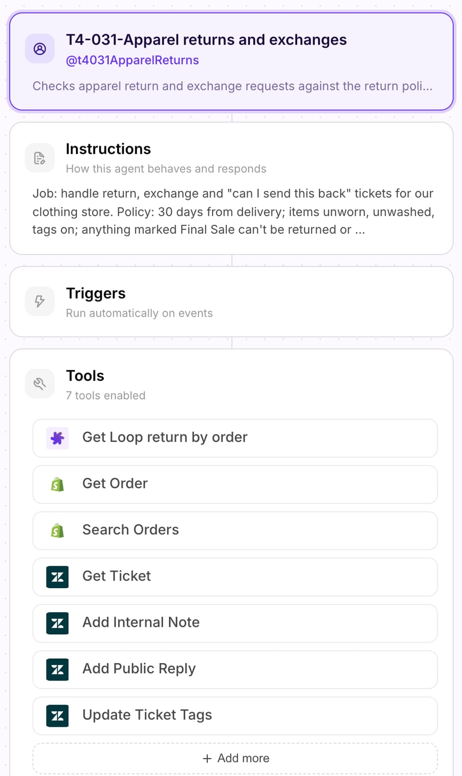 Macha agent T4-031-Apparel returns and exchanges: instructions card and seven tools, with Get Loop return by order, Shopify Get Order and Search Orders, and four Zendesk ticket tools