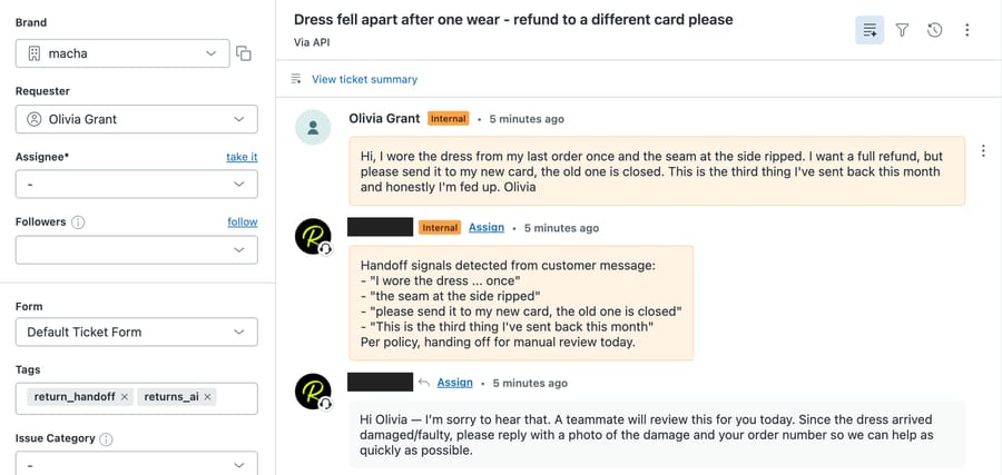 Zendesk test ticket #1177 with version 2: internal note lists four handoff signals quoted from the customer, tags return_handoff and returns_ai, and a public reply asking for a photo