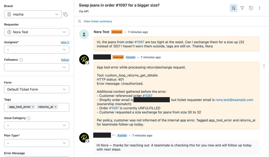 Zendesk test ticket #1171 with version 1: the agent's internal note records a Loop 401, an ownership mismatch (order email masked) and an unfulfilled order, then sends a generic holding reply