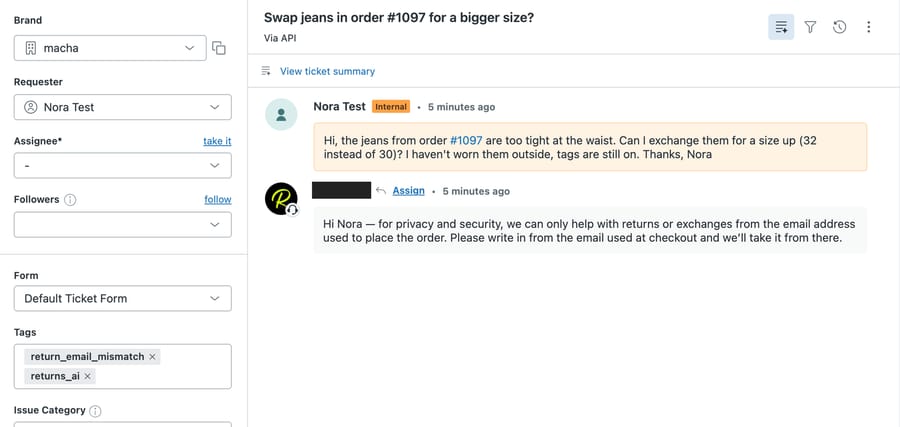 Zendesk test ticket #1175 with version 2: the agent declines to discuss order #1097 because the requester's email doesn't match, and tags return_email_mismatch