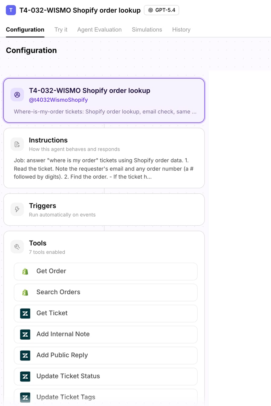 Macha agent "T4-032-WISMO Shopify order lookup" configuration: instructions and 7 tools, Shopify Get Order and Search Orders plus five Zendesk ticket tools