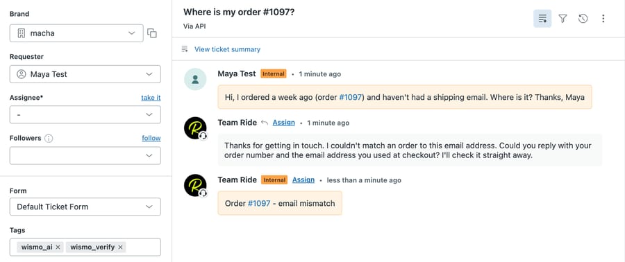 Sandbox ticket "Where is my order #1097?": the not-found reply, an internal note reading "Order #1097 - email mismatch", tags wismo_ai and wismo_verify, status Pending