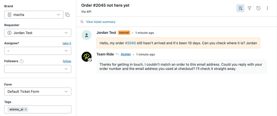 Sandbox ticket "Order #2045 not here yet": the same not-found reply word for word, tag wismo_ai