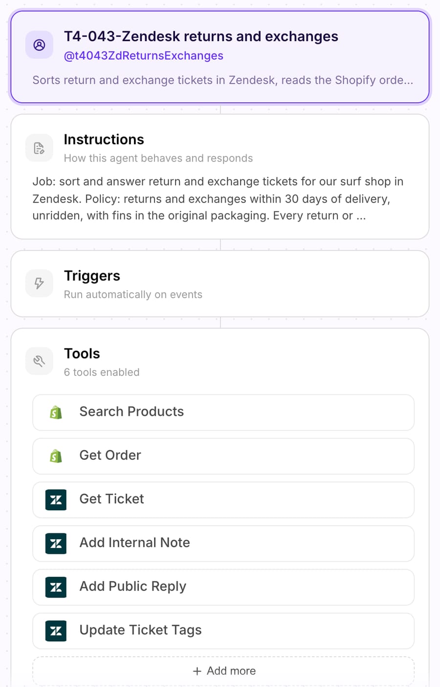 Macha agent configuration for "T4-043-Zendesk returns and exchanges": six tools enabled, two Shopify reads and four Zendesk tools