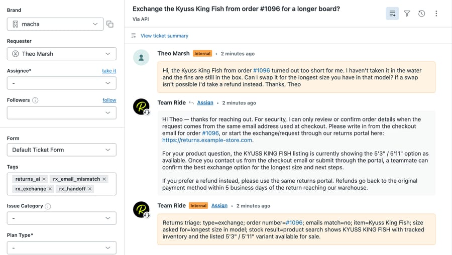Zendesk sandbox ticket #1178: the agent's reply calls the 5'3" / 5'11" option available for a longer-board exchange, with an internal triage note and four rx_ tags