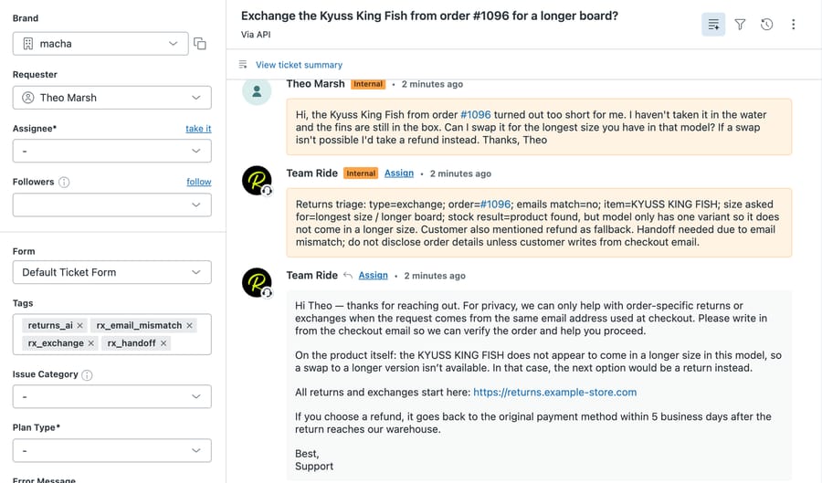 Zendesk sandbox ticket #1182: internal note saying the model has one variant so it doesn't come in a longer size, and a public reply offering a return instead