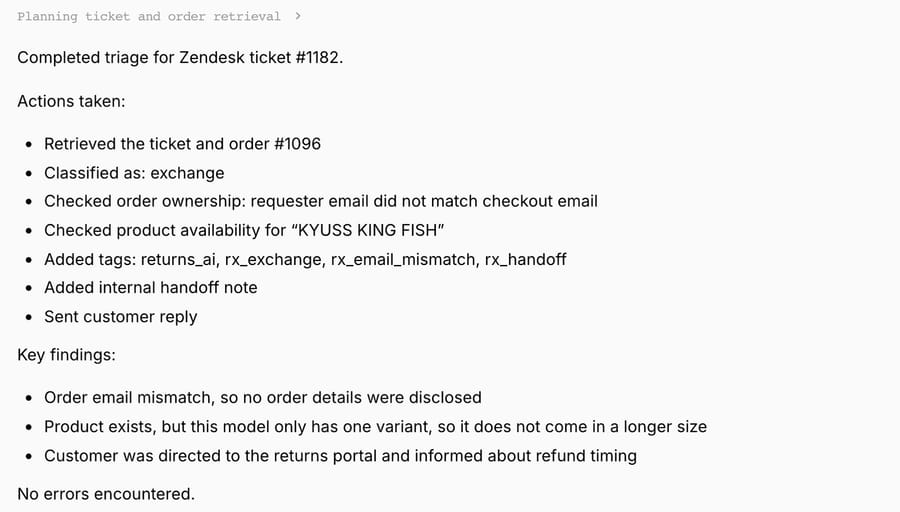 Macha test run summary for ticket #1182: classified as exchange, email mismatch so no order details disclosed, one variant so no longer size