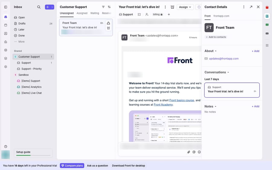 Front's sidebar of shared team inboxes (Customer Support, Support, Sandbox) beside an open conversation