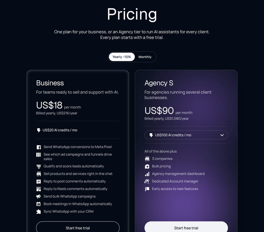 Chatfuel's pricing page on yearly billing, October 2026: Business at US$18/month and Agency S at US$90/month.