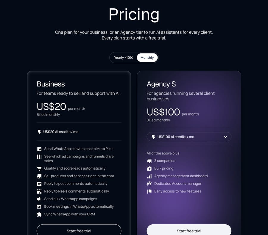 Chatfuel monthly billing view, October 4 2026: Business $20 a month, Agency S $100