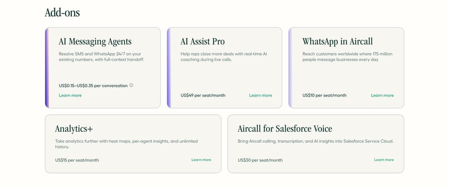 Aircall's add-on cards: AI Messaging Agents at $0.15 to $0.35 a conversation; AI Assist Pro $49, WhatsApp $10, Analytics+ $15 and Salesforce Voice $30 a seat a month.