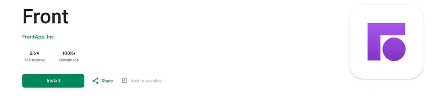 The Front app on Google Play (US): 2.6 stars from 545 reviews and 100K+ downloads.