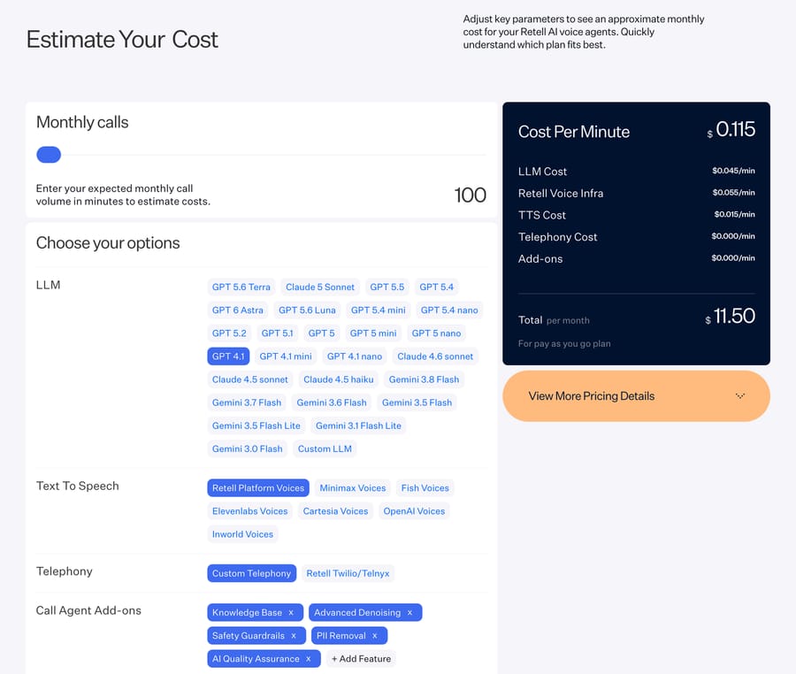 Retell cost calculator with GPT 4.1 selected: $0.115 a minute (LLM $0.045, voice infra $0.055, TTS $0.015, telephony $0)