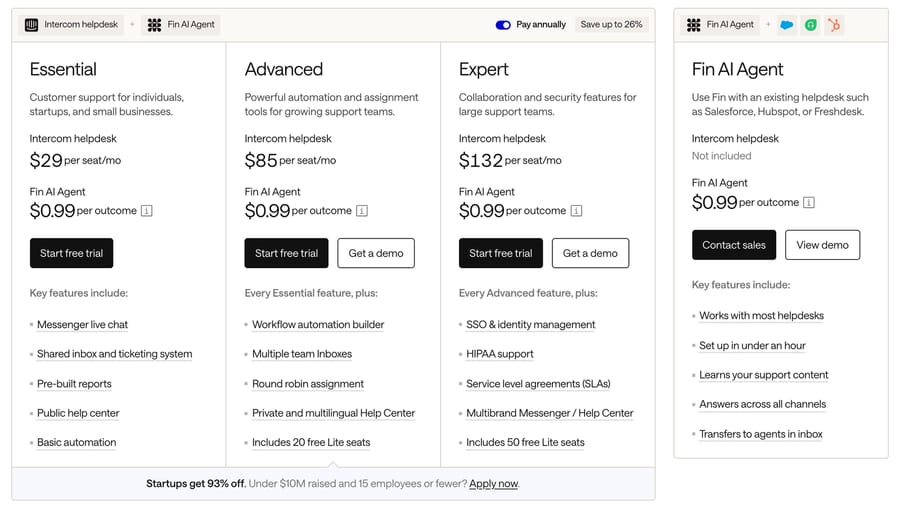 Intercom pricing cards: Essential $29 with Basic automation, Advanced $85 with the Workflow automation builder, Expert $132, Fin $0.99.