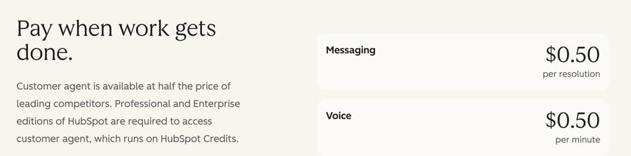 HubSpot customer agent product page pricing: Messaging $0.50 per resolution, Voice $0.50 per minute, Professional and Enterprise required.