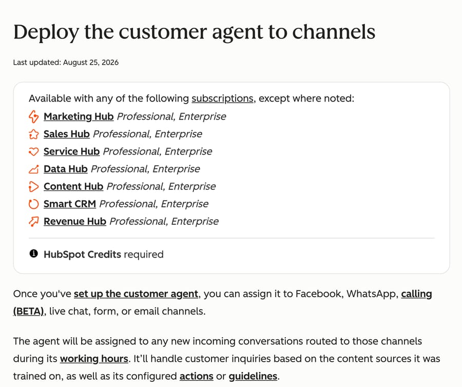 HubSpot knowledge base page listing Professional and Enterprise hubs as required and calling (BETA) among customer agent channels.
