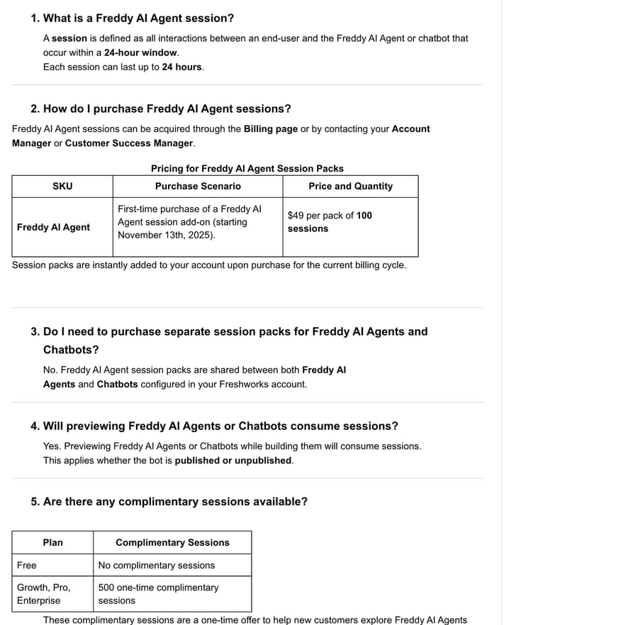 Freshworks' Freddy AI Agent sessions FAQ: a session is all interactions within a 24-hour window, $49 per pack of 100 sessions from November 13th 2025, packs shared between agents and chatbots, previewing consumes sessions, and 500 one-time complimentary sessions on Growth, Pro and Enterprise