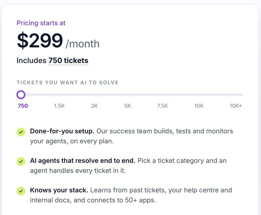Macha pricing card: from $299 a month including 750 tickets, with a slider up to 10K+ tickets