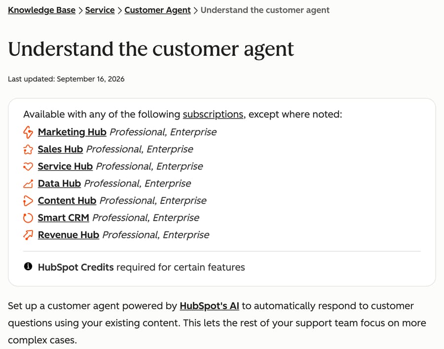 HubSpot knowledge base article "Understand the customer agent", updated September 16, 2026, available on Professional and Enterprise subscriptions, with HubSpot Credits required for certain features