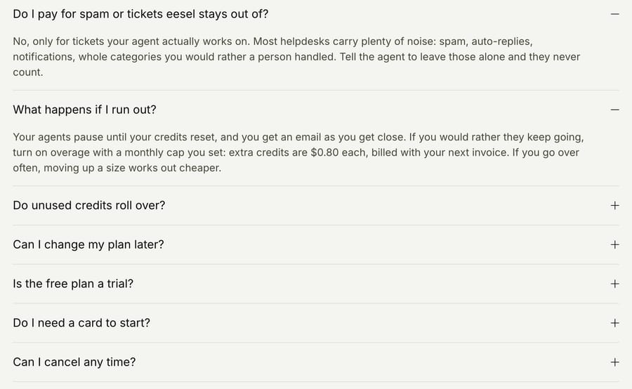 eesel AI's pricing FAQ: you only pay for tickets the agent works on, and when credits run out agents pause unless you turn on overage at $0.80 a credit with a monthly cap