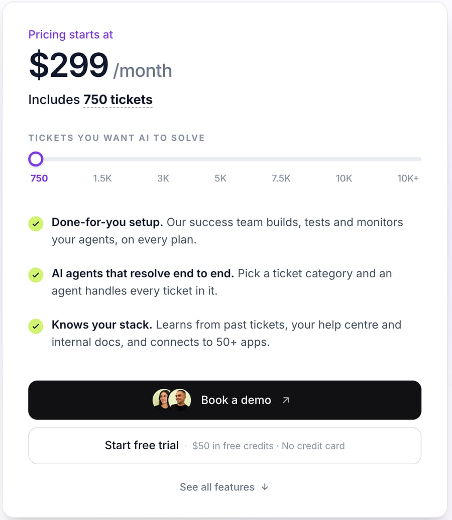 Macha's pricing page on October 5, 2026: pricing starts at $299 a month and includes 750 tickets, with a slider up to 10K+ tickets