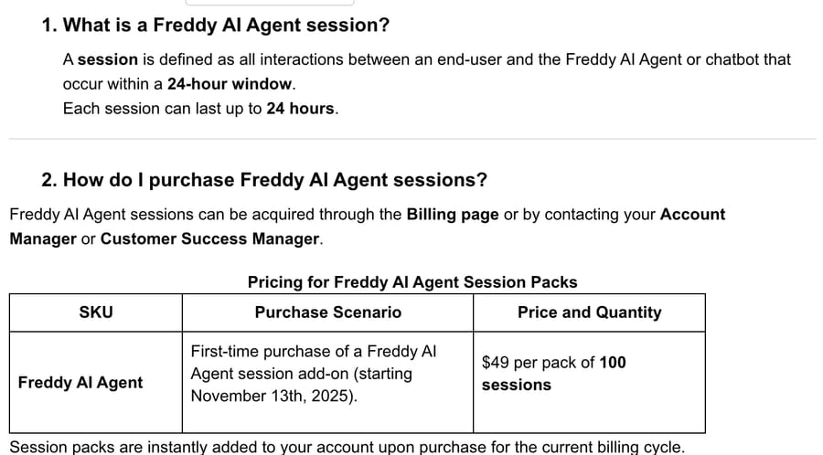 Freshworks' Freddy AI Agent session FAQ: a session is all interactions with an end user in a 24-hour window, and session packs cost $49 per 100