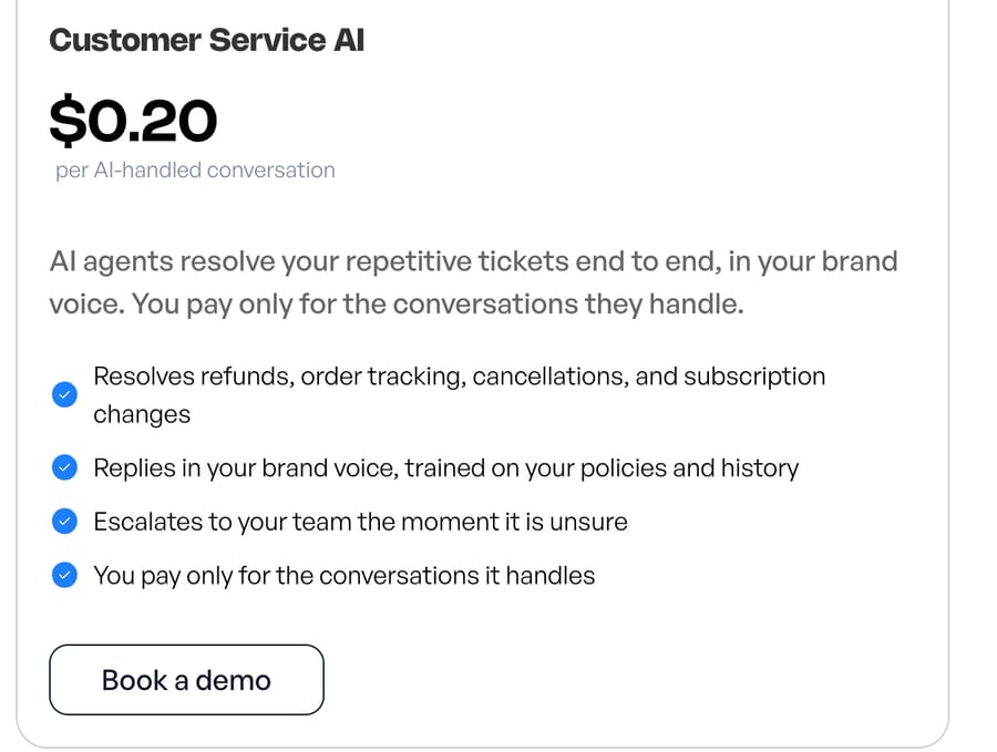 Richpanel's Customer Service AI add-on: $0.20 per AI-handled conversation, resolving refunds, order tracking, cancellations and subscription changes