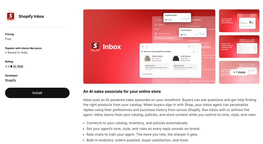 Shopify Inbox app listing: free, rated 4.5 from 5,794 reviews, described as an AI sales associate for your online store