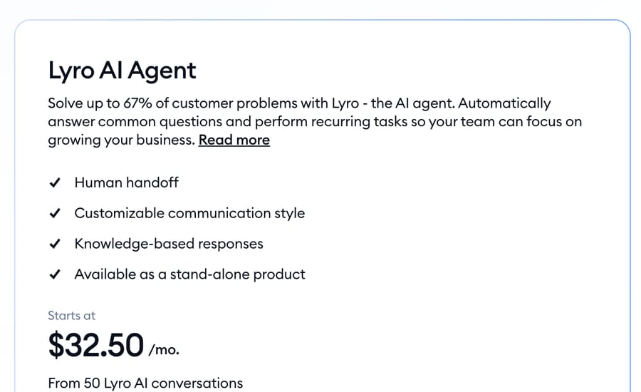 Tidio's Lyro AI Agent card: starts at $32.50 a month, from 50 Lyro AI conversations, available as a stand-alone product