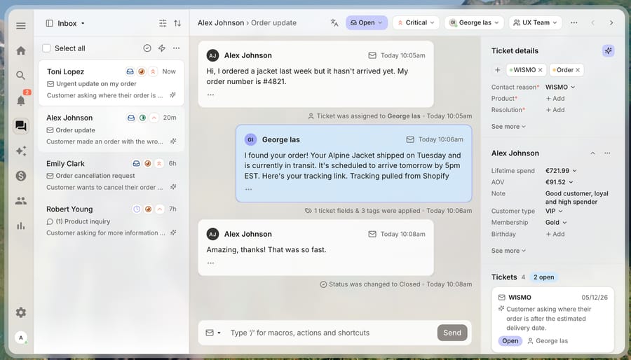 Gorgias AI Agent page demo inbox: a where's-my-order email gets a reply with tracking pulled from Shopify, then tags are applied and the ticket closes