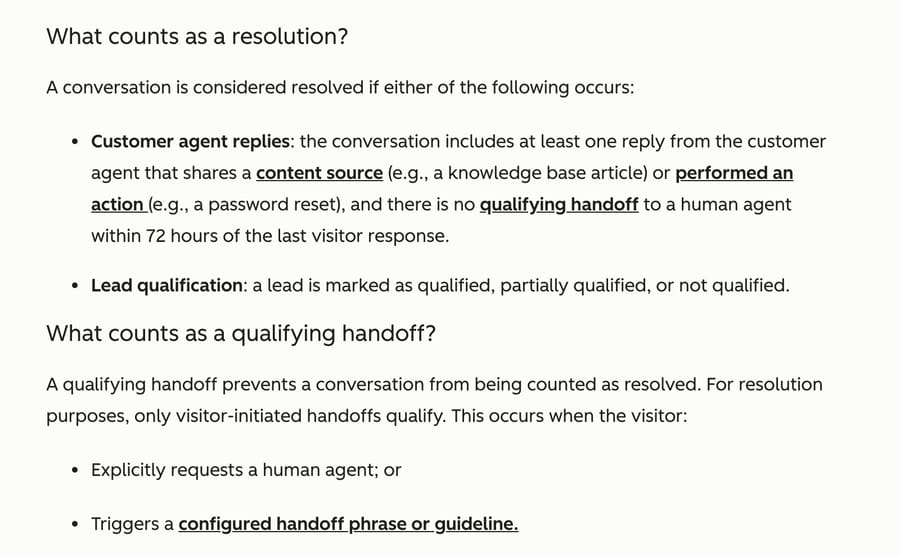 HubSpot knowledge base section defining a resolution for the customer agent: a reply that shares a content source or performs an action with no qualifying handoff within 72 hours