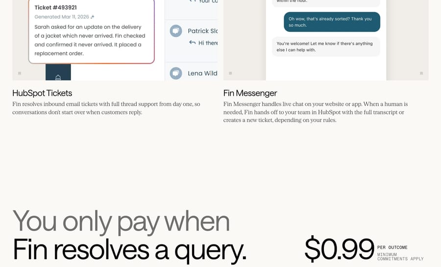 Intercom's Fin for HubSpot page showing HubSpot Tickets and Fin Messenger channels and the $0.99 per outcome price with minimum commitments