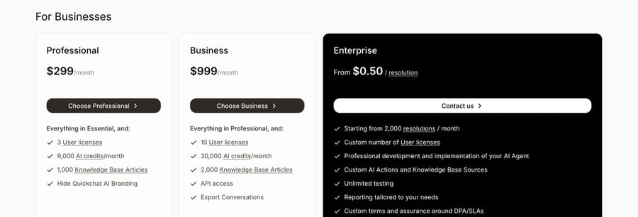 Quickchat AI pricing page showing Professional at $299 a month with 9,000 AI credits, Business at $999 with 30,000, and Enterprise from $0.50 per resolution