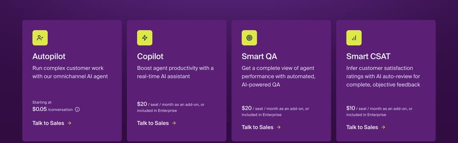 Front's pricing page showing Autopilot starting at $0.05 per conversation, with Copilot and Smart QA at $20 per seat and Smart CSAT at $10 per seat