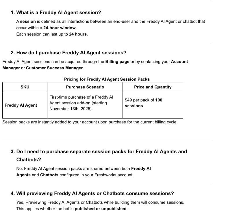 Freshworks' Freddy AI Agent sessions FAQ: a session is a 24-hour window, packs cost $49 per 100 sessions, and previewing an agent consumes sessions.