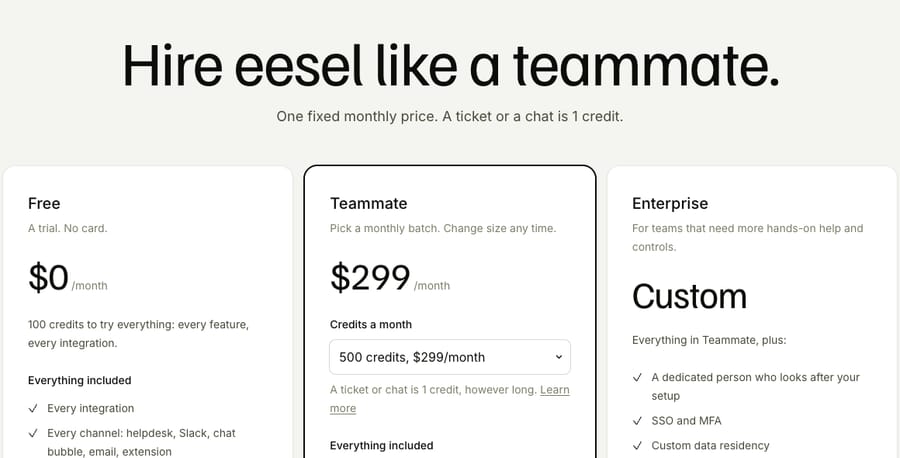 eesel AI's pricing page: Free with 100 trial credits, Teammate at $299 a month for 500 credits, and a custom Enterprise tier.