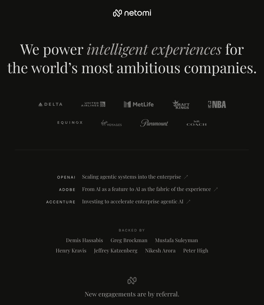 Netomi's homepage on October 5, 2026: customer logos including Delta, United, MetLife, DraftKings and the NBA, partner links to OpenAI, Adobe and Accenture, and the line "New engagements are by referral."