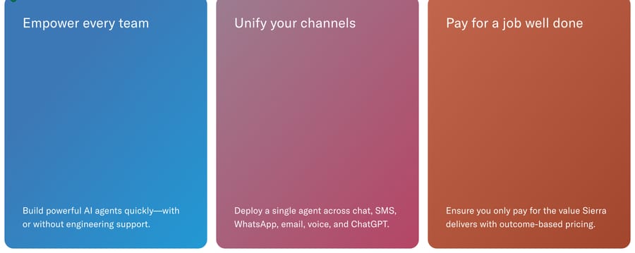 Sierra's homepage on October 5, 2026: cards reading "Unify your channels" (chat, SMS, WhatsApp, email, voice and ChatGPT) and "Pay for a job well done" (outcome-based pricing)