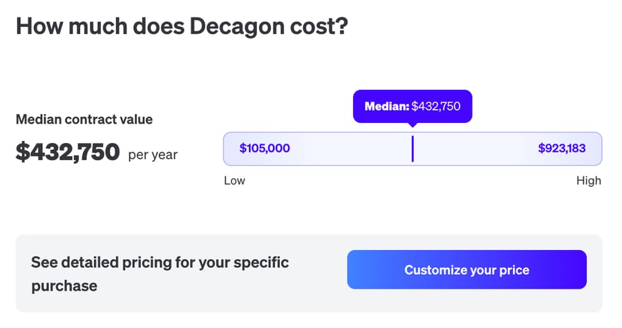 Vendr's Decagon page on October 5, 2026: median contract value $432,750 per year, range $105,000 to $923,183
