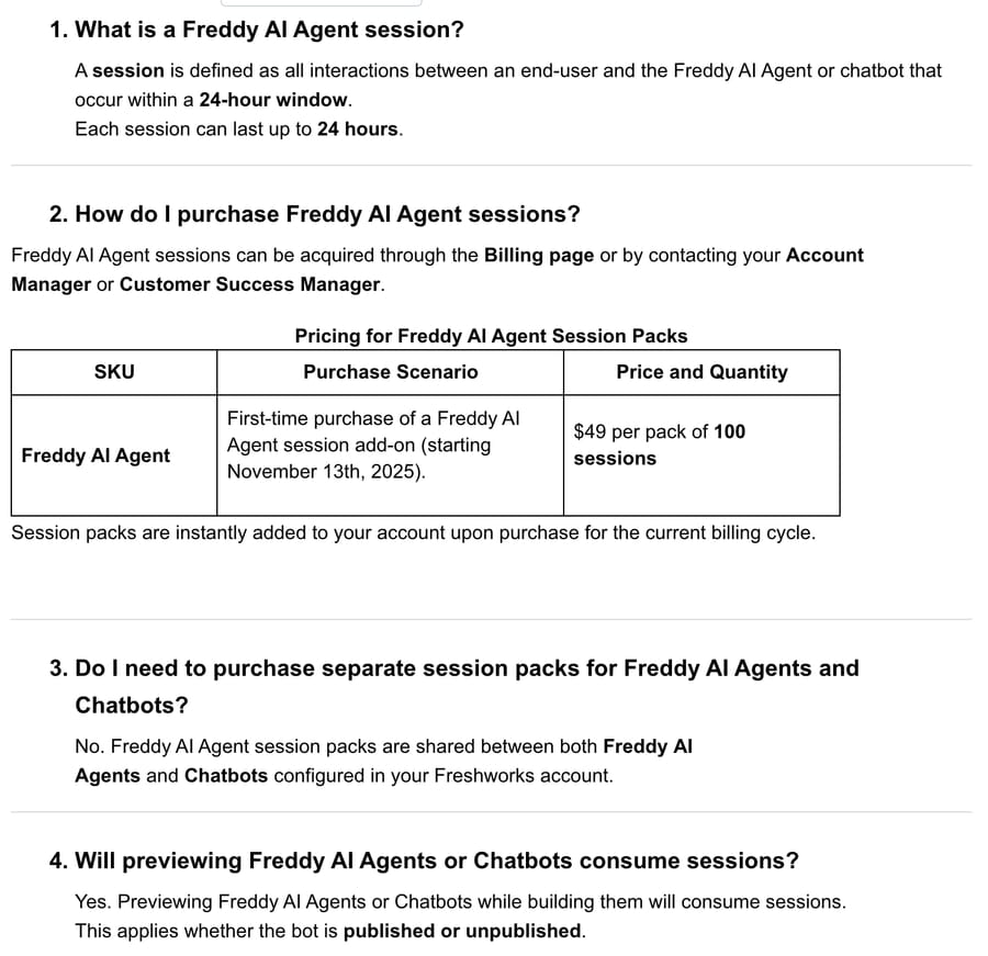 Freshworks sessions FAQ on October 5, 2026: a session is all interactions in a 24-hour window, packs cost $49 per 100 sessions, and previewing consumes sessions