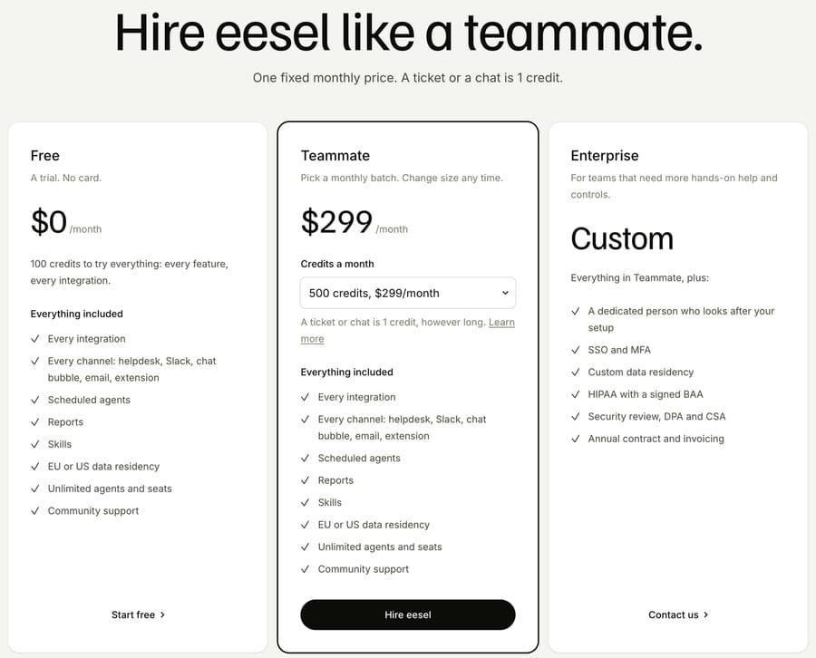 eesel AI pricing page on October 5, 2026: Free with 100 credits, Teammate at $299 a month for 500 credits where a ticket or chat is 1 credit, and a custom Enterprise tier