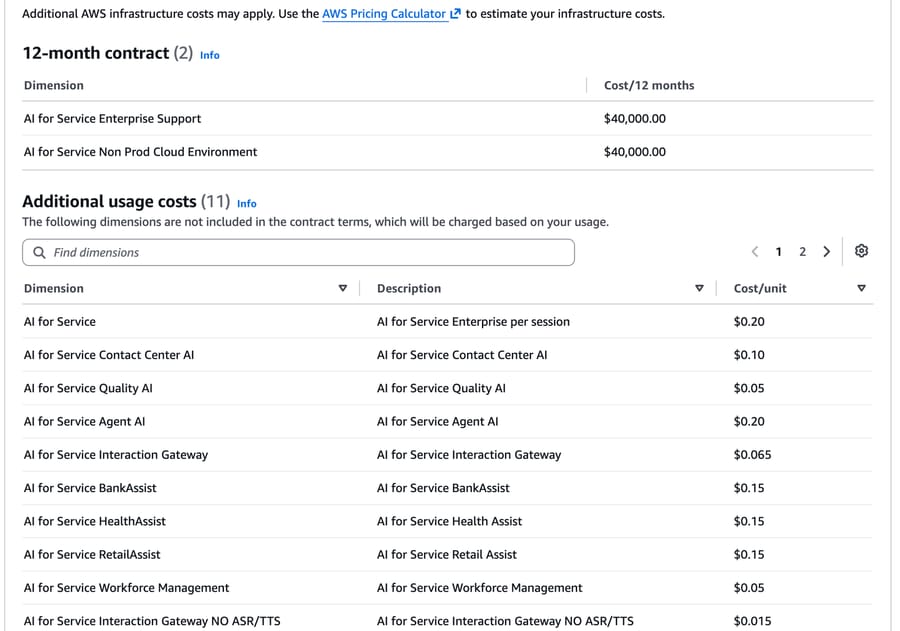 Kore.ai AI for Service on AWS Marketplace on October 5, 2026: $40,000 a year each for enterprise support and a non-production environment, plus usage costs from $0.20 per session