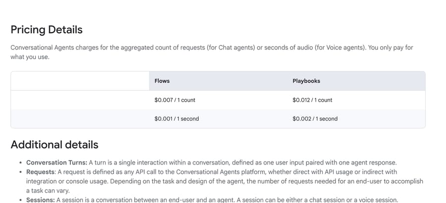 Google Cloud's Conversational Agents pricing table on October 5, 2026: $0.007 and $0.012 per count for Flows and Playbooks, and $0.001 and $0.002 per second