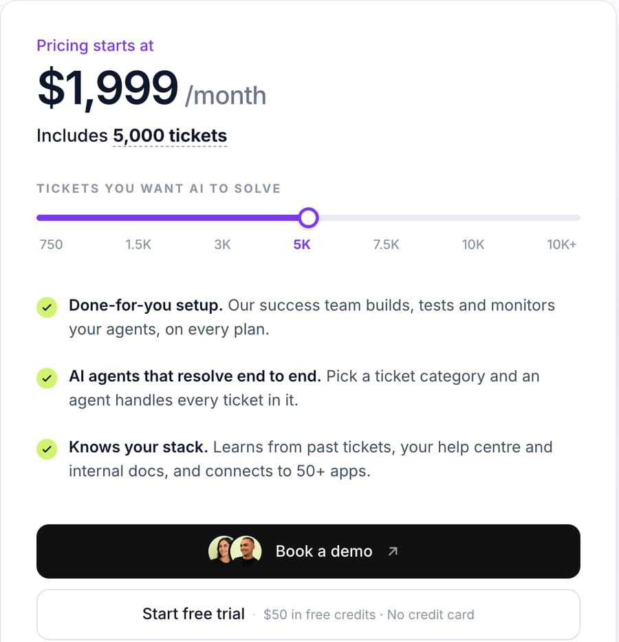 Macha's pricing page on October 5, 2026 with the slider at 5K: $1,999 a month including 5,000 tickets, with done-for-you setup on every plan