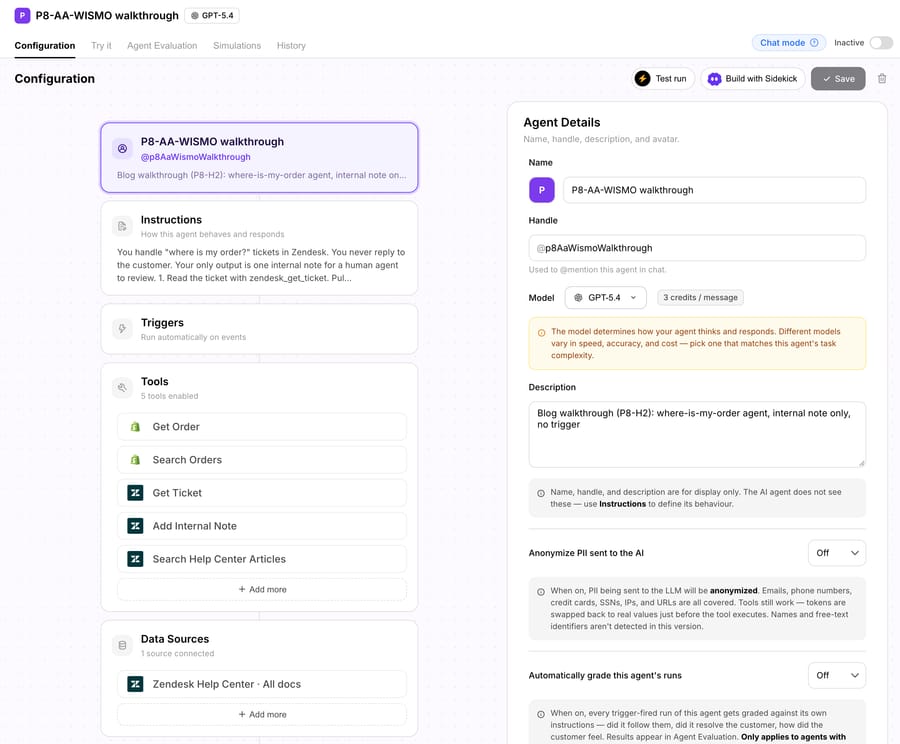 Macha agent configuration for P8-AA-WISMO walkthrough, marked Inactive, with five tools (Get Order, Search Orders, Get Ticket, Add Internal Note, Search Help Center Articles), no triggers, and the Zendesk Help Center connected as its data source.