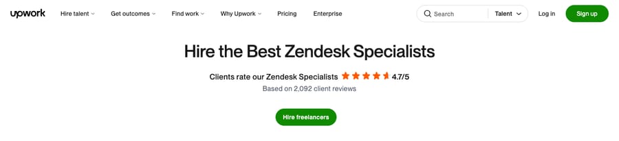 Upwork's Zendesk specialists page on October 8, 2026: clients rate the specialists 4.7 out of 5, based on 2,092 client reviews