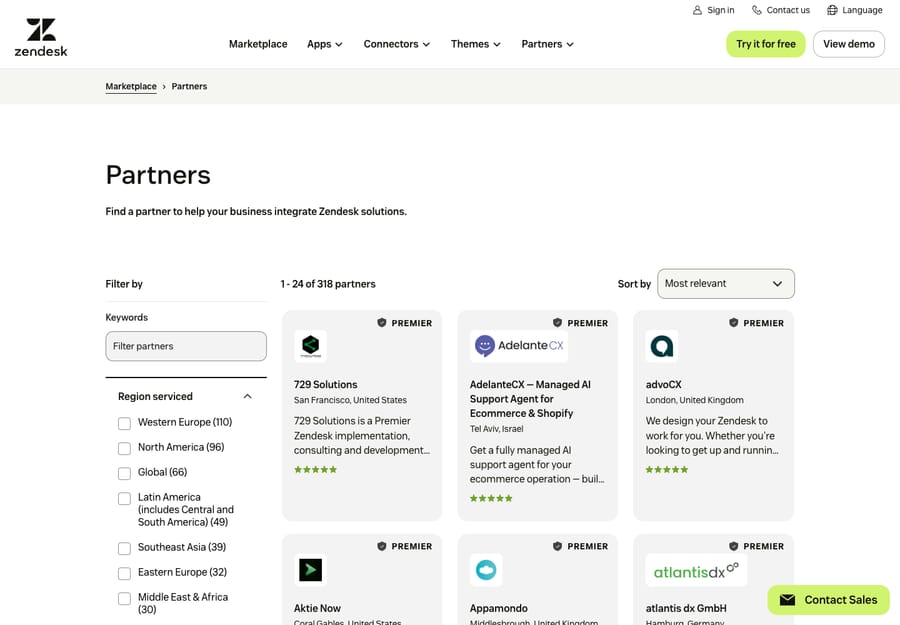 Zendesk's partner directory on October 8, 2026, showing 1 to 24 of 318 partners with filters by region, services and certification